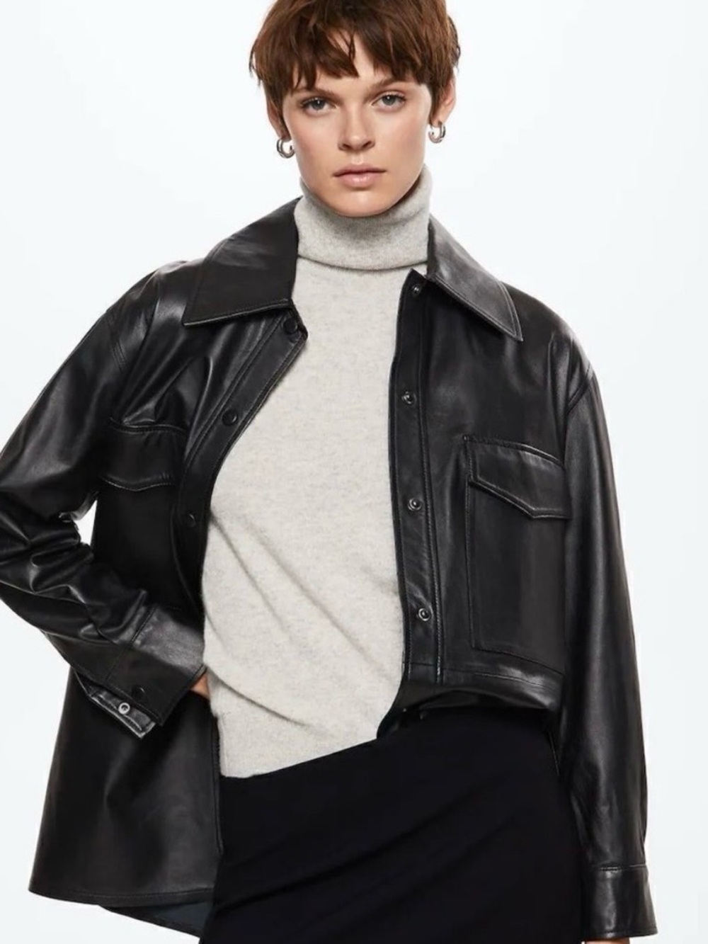 Mango Black Leather Button-Front Shacket - Picture 2 of 9